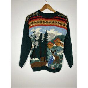 Vintage Wool Knit Sweater Nature Scene Outdoors Men's Small Grandpa